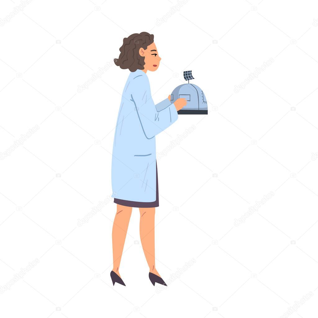 Female Scientist or Engineer in White Coat Doing Scientific Experiment with Laboratory Equipment Vector Illustration on White Background