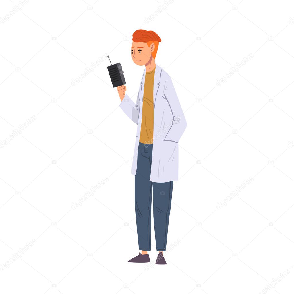 Male Scientist in White Coat Doing Physical Experiment with Laboratory Equipment in Science Lab Vector Illustration on White Background