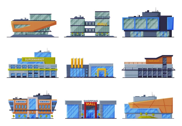 Coleção de Edifícios de Shopping, Centro Comercial ou Fachadas de Supermercados, Elementos de Design de Arquitetura Urbana Ilustração vetorial plana —  Vetores de Stock