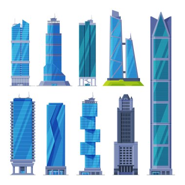 Şehir Merkezi Gökdelenler Koleksiyonu, Modern Şehir İşletmeleri veya Konut Binaları Dış Vektör İllüstrasyonu