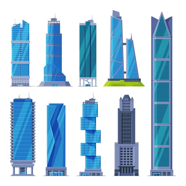 Şehir Merkezi Gökdelenler Koleksiyonu, Modern Şehir İşletmeleri veya Konut Binaları Dış Vektör İllüstrasyonu