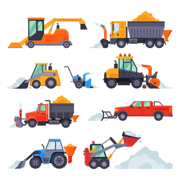 Winter Snow Removal Machines Collection, Cleaning Road Truck, Excavator, Snowblower, Snow Plow Vehicles Vector Illustration — стоковий вектор