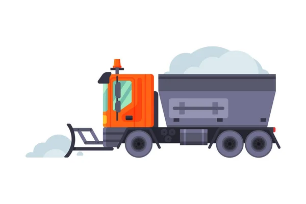 Snow Plow Truck, Winter Snow Removal Machine, Heavy Professional Cleaning Road Vehicle Vector Illustration — Stock Vector