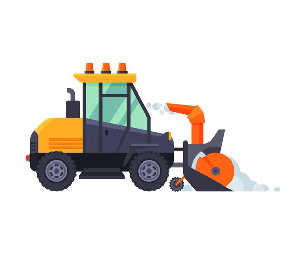 Snow Plow Tractor, Winter Snow removal Machine, Cleaning Road Snowblower Vehicle Vector Illustration — 스톡 벡터