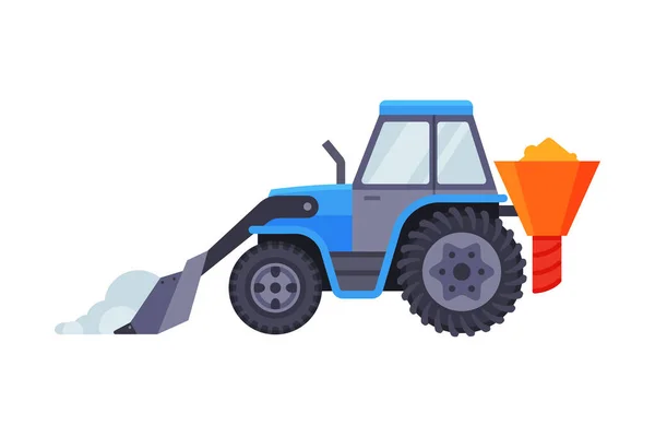 Snow Plow Tractor, Winter Snow Removal Machine, Cleaning Road Vehicle Vector Illustration — Stock Vector