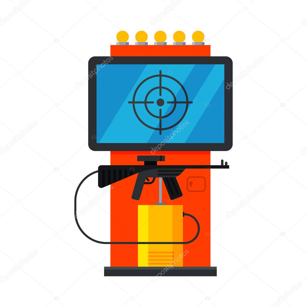 Retro Shooting Arcade Game Machine with Rifle, Video Gaming Machinery Vector Illustration