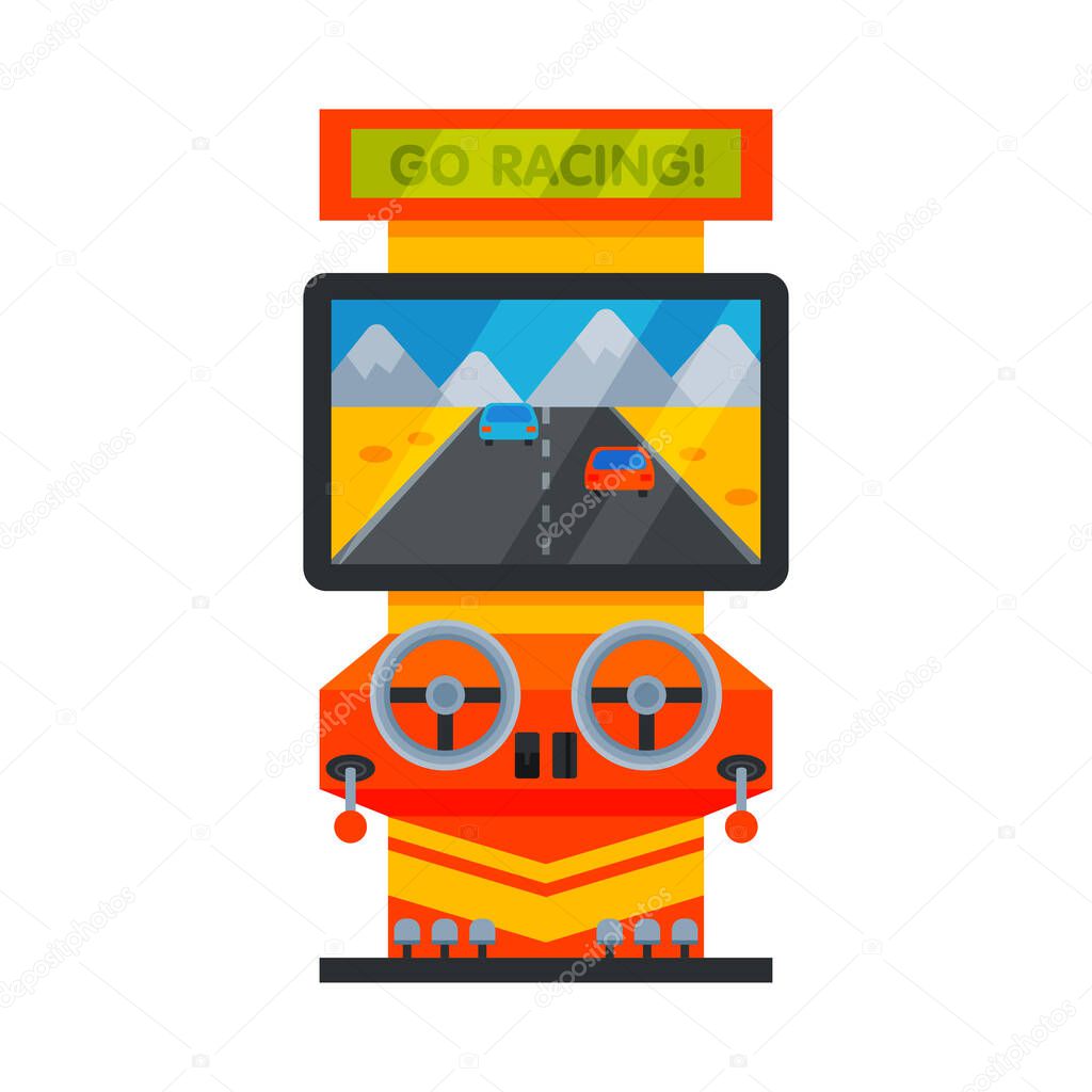 Retro Racing Car Arcade Game Machine with Steering Wheels, Video Gaming Machinery Vector Illustration