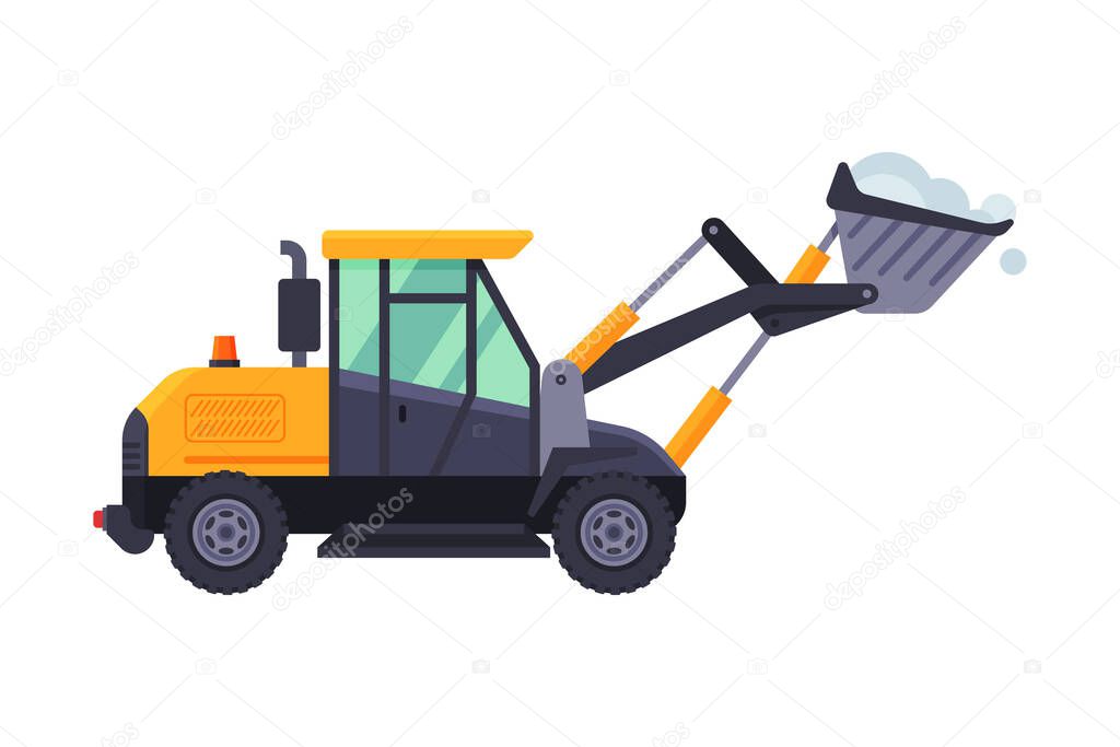 Snow Plow Excavator, Winter Snow Removal Machine, Heavy Professional Cleaning Road Vehicle Vector Illustration