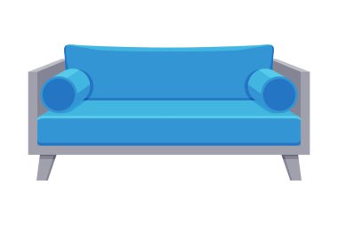 Konforlu Kanepe, Yastıklı Konforlu Ev Eşyaları veya Açık Mavi Döşemeli Ofis Mobilyası, İç Tasarım Element Düz Vektör İlülasyonu