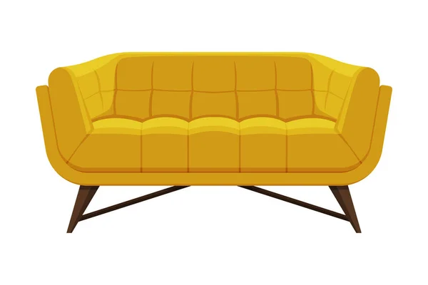 Pohodlná pohovka, polstrovaný útulný domácí nebo kancelářský nábytek se žlutým čalouněním, moderní prvek interiérového designu Ploché vektorové ilustrace — Stockový vektor