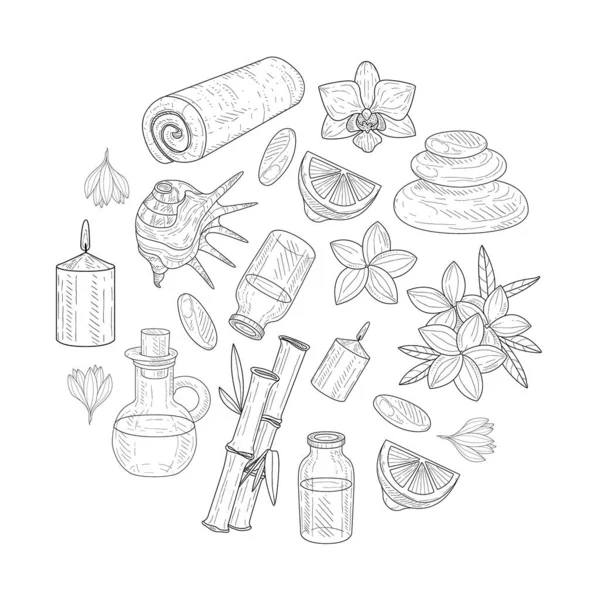 Spa ve Güzellik Sanatı Şablonu, Organik Doğal Kozmetik ve Yuvarlak Şekil Güzellik Aksesuarları, Flyer, Kupon, Tanıtım Broşürü El Çizim Vektör Çizimi