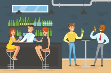 Barda Oturan, İçen ve Sohbet eden, Arkadaşların ya da Meslektaşların Buluşması Çizgi Film Vektör İllüzyonu