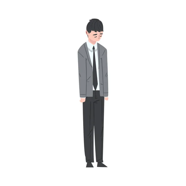 Stresserende zakenman staande met zijn hoofd gebogen, depressieve ongelukkig mannelijke kantoormedewerker karakter in pak, moe of uitgeput manager Vector Illustratie — Stockvector