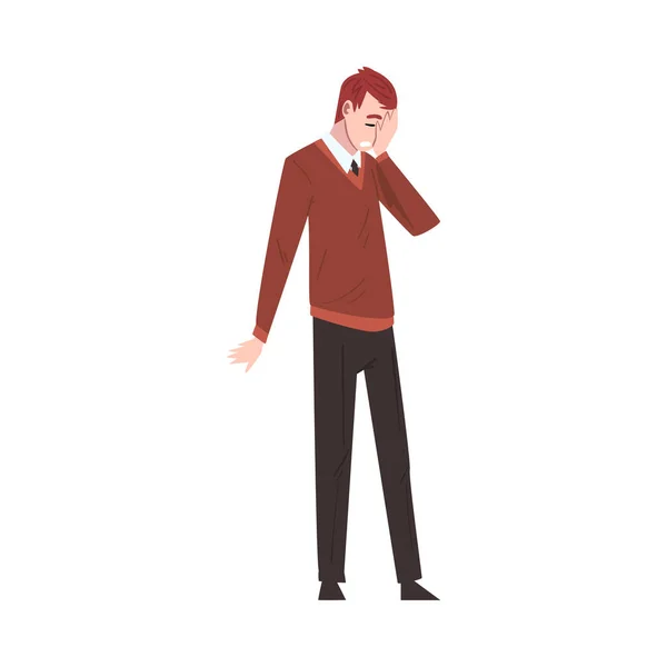 Stresinessman standing and Covering Face with his Palm, Depressed Unhappy Male Office Worker Character in Business Clothes, Tired or Exhausted Manager Vector Illustration — 스톡 벡터