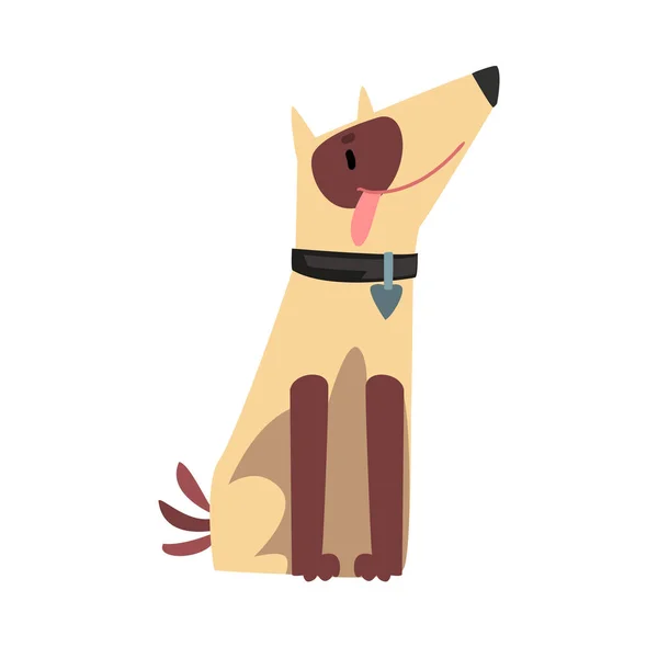 Niedlicher gefleckter Hund mit Halsband sitzt mit Zunge heraus Cartoon Vector Illustration auf weißem Hintergrund — Stockvektor