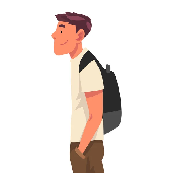 Tourist Man with Backpack, Side View, African Safari Travel, Cartoon Vector Illustration on White Background — стоковий вектор