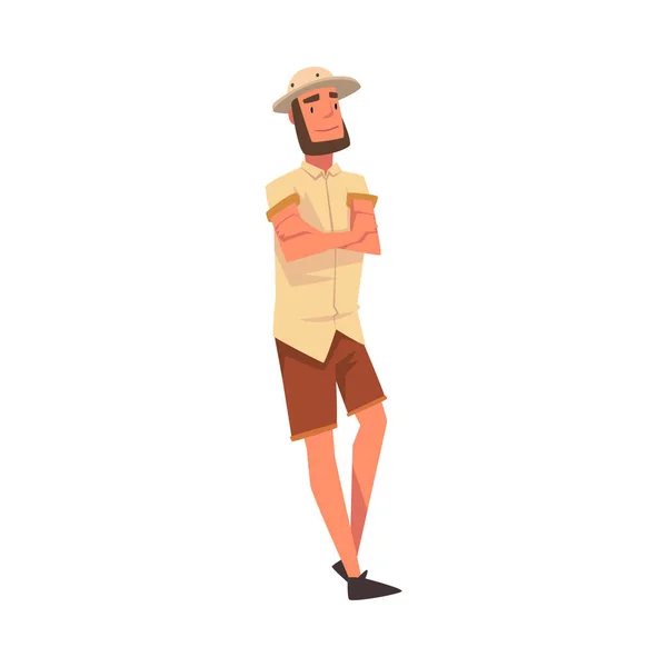 Männlicher Tourist in Safari-Outfit mit gefalteten Händen stehend, Reise nach Afrika, Blick von hinten auf Cartoon Vector Illustration auf weißem Hintergrund — Stockvektor