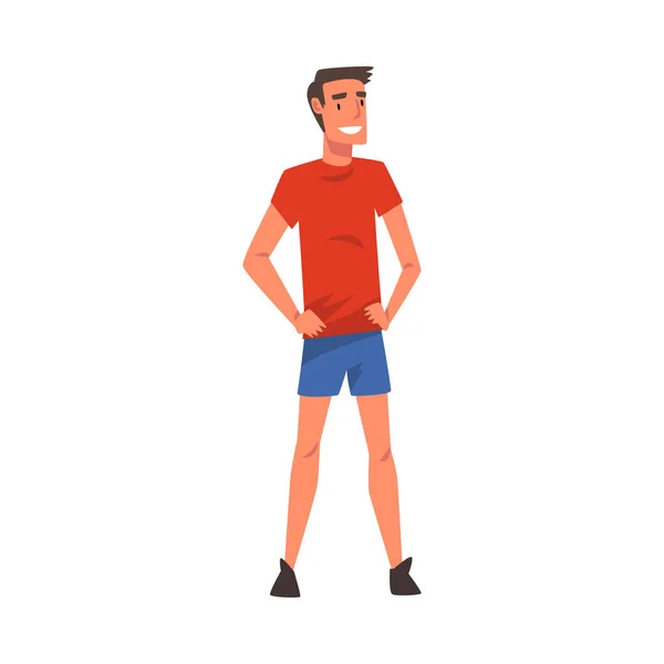 Lächelnder männlicher Tourist in kurzen Hosen und rotem T-Shirt, afrikanische Safari-Reise, Cartoon Vector Illustration auf weißem Hintergrund — Stockvektor