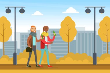 Two Male Friends Walking and Chatting in Autumn Park, Guys Drinking Beer, Male Friendship Concept Cartoon Vector Illustration clipart