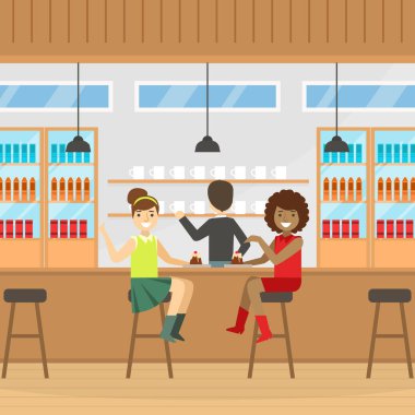 İki Gülümseyen Kadın Barda Oturuyor, Tatlı Yiyip Sohbet Ediyor, Arkadaşların ya da Meslektaşların Buluşması, Kafe İçi Çizgi Film Vektörü İllüzyonu