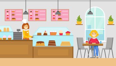 Cafe 'deki Masada Tatlı Kız Yeme Tatlıları, Kafeterya İçi Şekerleme Dükkanı Şekerleme Karıştırma Çizgi Filmi Vektör İllüzyonu
