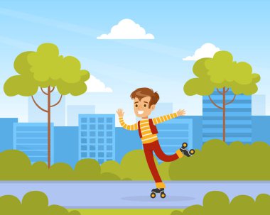 Şirin Gülümseyen Çocuk Paten, Çocuk Yazın Açık Hava Etkinliği Çizgi Filmi Vektör İllüzyonu