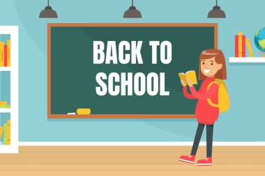 Okula Dönüş, Sevimli Liseli Kız Kara Tahta Çizgi Film Vektör İllüzyonu