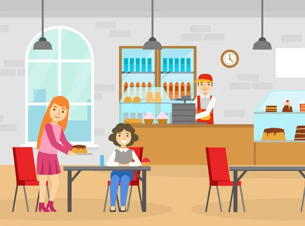 Dwie dziewczyny Przyjaciele Jedzenie deserów przy stole w kawiarni, Kawiarnia, Cukiernia Wnętrze Cartoon Wektor Ilustracja — Wektor stockowy