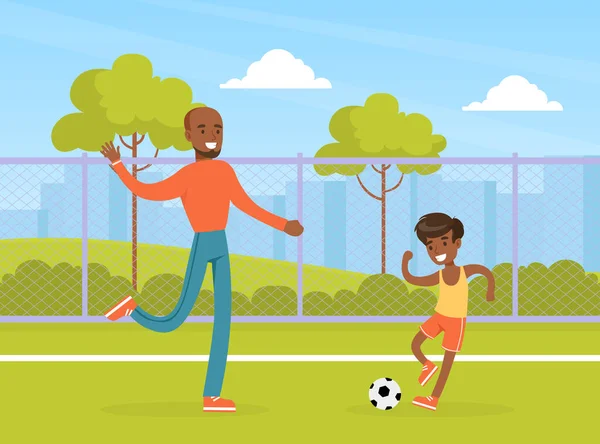 Père joue au ballon avec son fils dans le parc de la ville en plein air, Vacances actives, Kid Summer Outdoor Activité dessin animé Illustration vectorielle — Image vectorielle