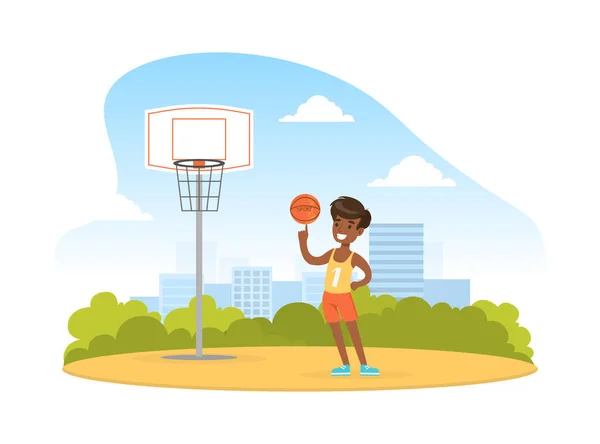 Leuke jongen spelen basketbal Outdoor, Kid Summer Outdoor Activiteit Tekenfilm Vector Illustratie — Stockvector