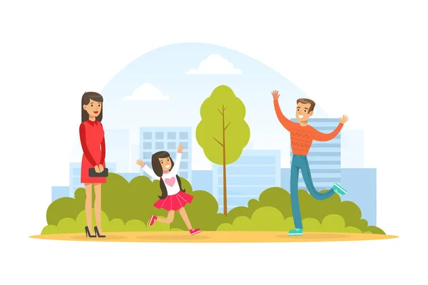 Familie spaziert im Park im Freien, Nettes kleines Mädchen rennt, um ihren Papa zu umarmen, Kid Summer Outdoor Activity Cartoon Vector Illustration — Stockvektor