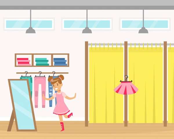 Cute Girl Kid probándose el vestido rosa en la tienda de ropa sala de montaje ilustración de vectores de dibujos animados — Vector de stock