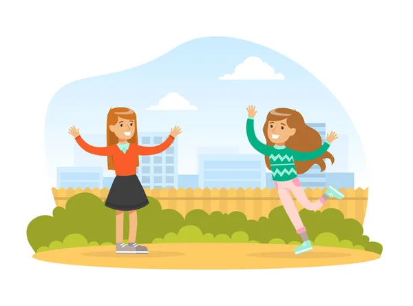 Meet of Two Girls, Cute Teenage Friends Walking Outdoors Cartoon Vector Illustration — Stock Vector