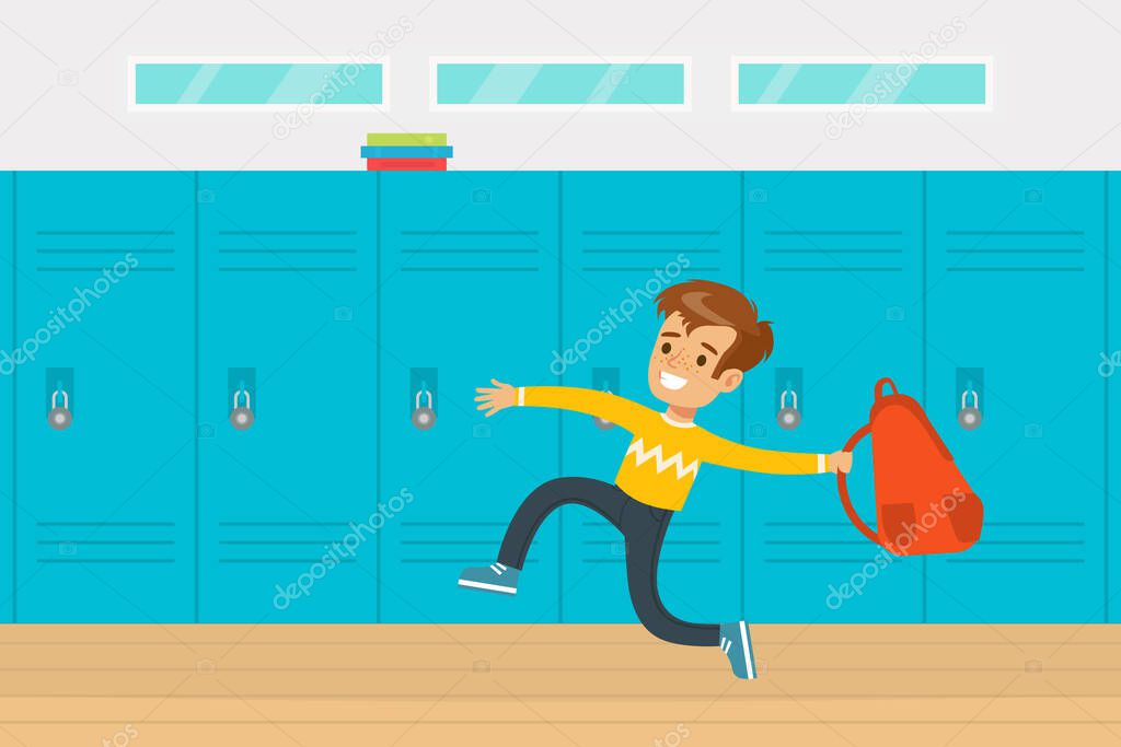 Cute Boy Elementary School Student Standing in front of Lockers at School Hallway Cartoon Vector Illustration