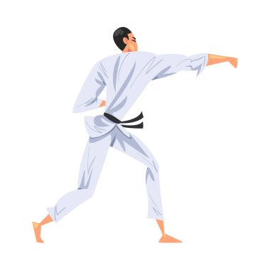 Man Karateka Karate Yapıyor, Beyaz Kimonolu Erkek Dövüşçü Karakteri Geleneksel Japon Dövüş Sanatları Çizgi Filmi Stili Vektör İllüzyonu