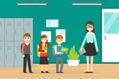 Sevimli Gözbebekleri ve Sinsi Öğretmen Dolap Dolabında, Okul İçi, Okula Dönüş Çizgi Roman Vektör Çizimi