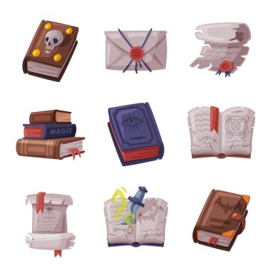 Sihirli Kitaplar Seti, Gizemli Ritüeller için Okült Nesneler Çizgi Film Biçimi Vektör İllüstrasyonu
