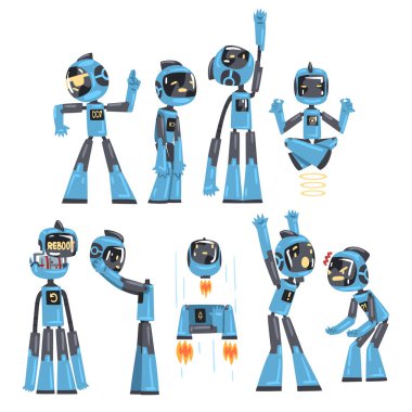 Dost Canlısı Robotlar Seti, Farklı Durumlardaki Komik Robot Karakteri, Yapay Zeka Konsepti Çizgi Film Biçimi Vektör İllüstrasyonu