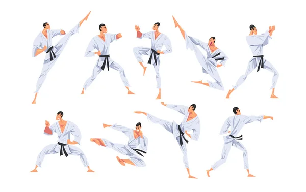 Man csinál karate különböző pózok készlet, férfi harcos karakter fehér Kimono gyakorlása hagyományos japán harcművészet rajzfilm stílus vektor illusztráció — Stock Vector