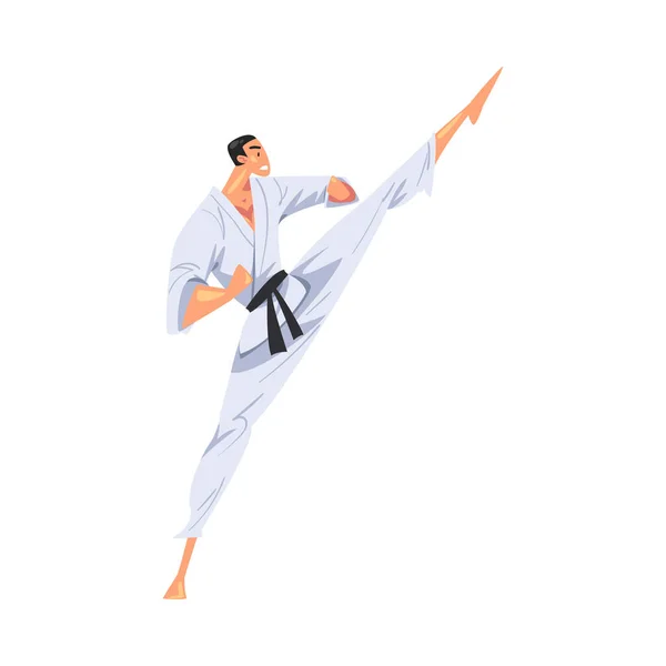 Man Karateka Robi High Leg Kick, Mężczyzna Karate Fighter Postać w białym Kimono Praktykowanie Tradycyjna Japonia Martial Art Cartoon Style Wektor Ilustracja — Wektor stockowy
