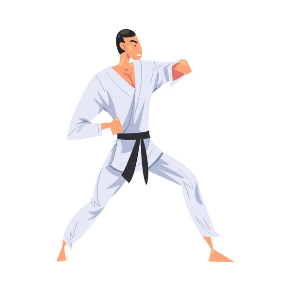 Man Karate Fighter Karaktär i Vit Kimono Göra Karate, Japan Kampsport Cartoon Style Vector Illustration — Stock vektor