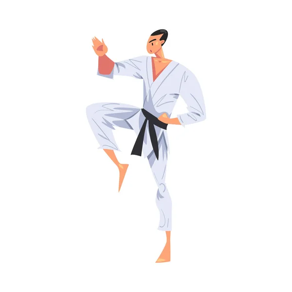 Man Karate Fighter karaktär öva traditionell Japan kampsport tecknad stil vektor Illustration — Stock vektor