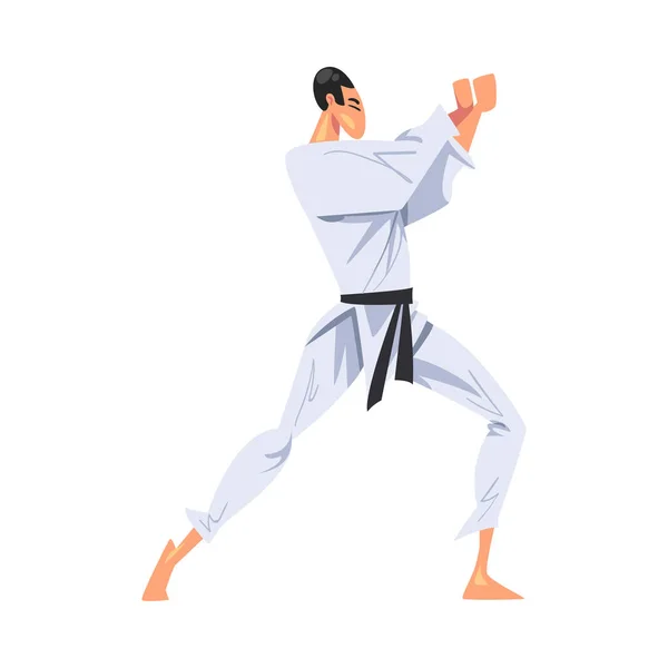 Man Karate Fighter karaktär i vit Kimono öva traditionell Japan kampsport tecknad stil vektor Illustration — Stock vektor