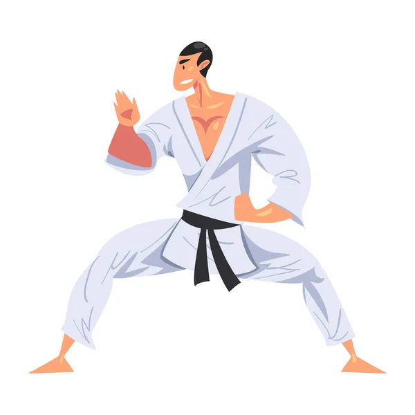 Man Karateka Standing in Fighting Stance, Male Karate Fighter Character in White Kimono Practicing Traditional Japan Martial Art Cartoon Style Vector Illustration — Stock Vector