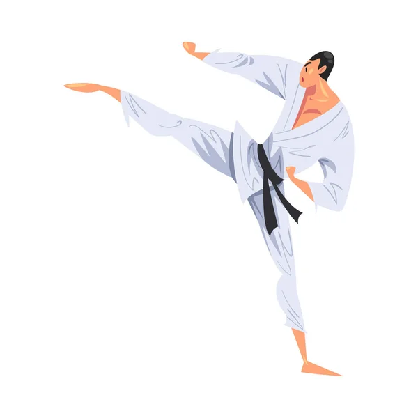 Man Karateka Göra Sidobenspark, Man Karate Fighter Karaktär i Vit Kimono Öva Traditionell Japan Martial Art Cartoon Style Vector Illustration — Stock vektor