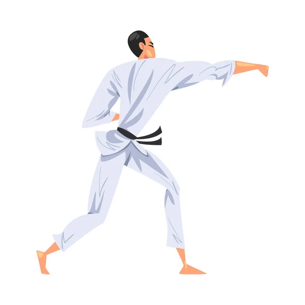Man Karateka Göra Karate, Man Fighter karaktär i vit Kimono öva traditionell Japan kampsport tecknad stil vektor Illustration — Stock vektor