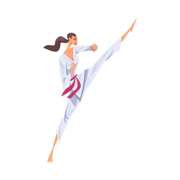 Chica Karateka haciendo patada de pierna alta, personaje de Karate Fighter en Kimono blanco practicando arte marcial tradicional de Japón Dibujos animados Estilo Vector Ilustración — Archivo Imágenes Vectoriales