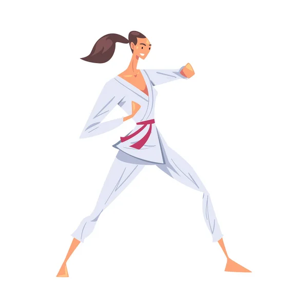 Dziewczyna stojąca w walce Stance, Kobieta Karate Fighter Postać w białym Kimono Praktykowanie Tradycyjne Japonia Martial Art Cartoon Style Wektor Ilustracja — Wektor stockowy