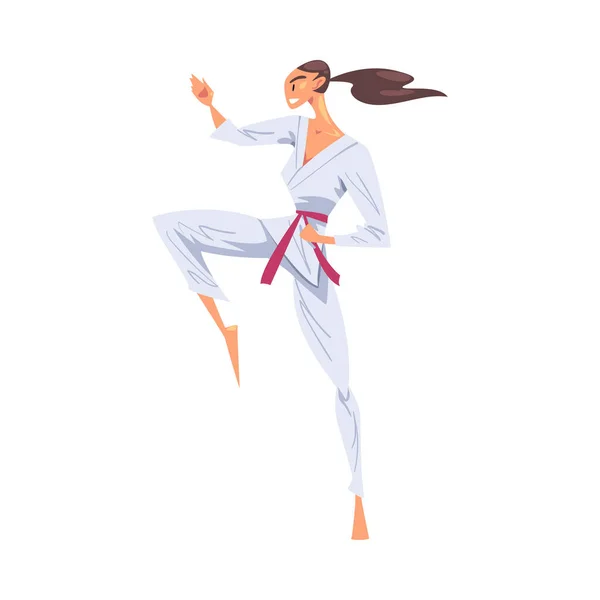 Girl Karateka Doing Kick, Female Karate Fighter Character in White Kimono Practicing Traditional Japan Martial Art Cartoon Style Vector Illustratio