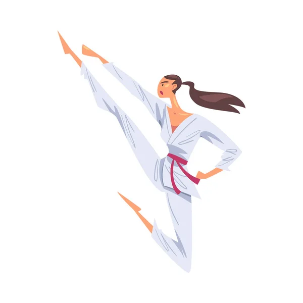 Dziewczyna robi Swing Kick, Kobieta Karate Fighter Postać w białym Kimono Praktykowanie Tradycyjne Japonia sztuki walki Styl kreskówek Wektor Ilustracja — Wektor stockowy